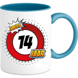 14 Jaar Verkeersbord Mok met tekst | Grappig Verjaardag Beker Cadeau | Bedrukte Koffie en Thee Mokken | Zwart | 330 ML