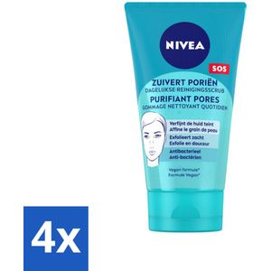NIVEA - Reinigingsscrub - Essentials Dagelijkse Scrub - Voor onzuivere huid - Met Melkzuur & Magnolia-extract - 150 ml - Voordeelverpakking - 4 stuks