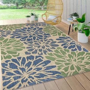 Modern bloemenvlechtwerk tapijt Bohemian Coastal, onderhoudsvriendelijk, slaapkamer, keuken, tuin, terras, niet pluizig, 120 cm x 180 cm, marine/groen