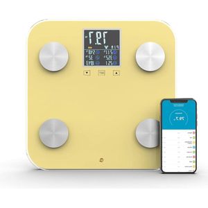 Digitale Bluetooth BMI Weegschaal - 18 Precieze Metingen - Geheugen voor 9 Gebruikers - Intelligente App Ai Fit - Pro Display - Gewichtscontrole en Lichaamsvet Monitor - Geel
