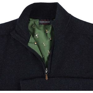 Osborne Knitwear Windstopper trui met halve rits heren - Sweater heren in Lamswol - Pullover Heren - Indigo Melange - Voering met eendenprint - XL