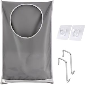 Ophangbare Wasmand - 77x50 cm - Grijs - Opvouwbare Wasmand - Plakhaakjes Zelfklevend - Deurhaakjes - Rits