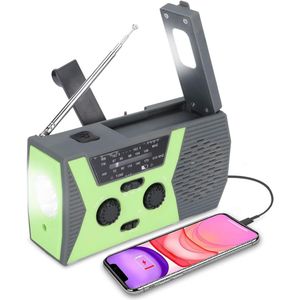 Draagbare noodradio - USB oplaadbare Zonnesolar handkraan, AM/FM/kortegolven/NOAA Weerradio, leeslamp, SOS-alarm, Geschikt voor kamperen, overleving, reizen, nood (Groen)
