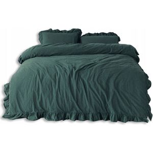Stonewashed Katoenen Dekbedovertrek 200x220 met Ruche - Donkergroen
