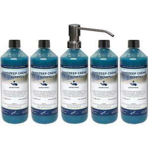 Handzeep Crème Eucalyptus 500 ml - set van 5 stuks - met gratis RVS zilverkleurige pomp - Voordeelverpakking