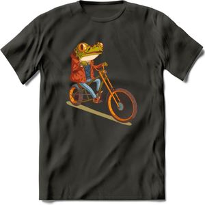 Biker kikker T-Shirt Grappig | Dieren reptiel Kleding Kado Heren / Dames | Animal Skateboard Cadeau shirt - Donker Grijs - XL