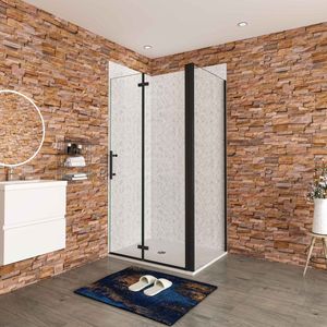 Inloopdouche 90x90x195cm, vouwdeur + zijpanelen, 6 mm transparant, gemakkelijk te reinigen gehard glas, matzwart aluminium profiel.