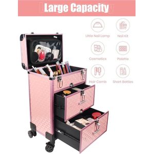 Professionele make-up treinkoffer - aluminium cosmetische koffer - rollende make-up koffer - extra groot - trolley nagelstyliste koffer