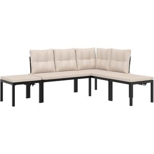 The Living Store 4-delige Loungeset met kussens gepoedercoat staal zwart - Tuinmeubels - Lounge Set - Buis Meubel - Zwarte Tuinbank - Poef