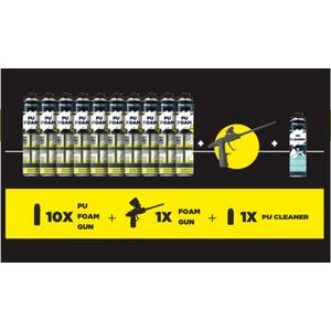 Pro-Fix PU Foam Gun Pack – 10 Bussen PU Schuim, 1 PU Cleaner, 1 PU Schuimpistool – Voor Afdichten en Isoleren