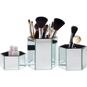 Set van 3 Gespiegelde Hexagonale Make-Up & Cosmetische Borstel Houder in Zilver - Praktische Opslag voor Huis & Badkamer met Drie Maten Potten