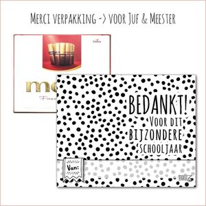 Kaartkadootje Merci -> Juf & Meester - No:08 (Merci Chocolade - Bedankt Bijzondere Schooljaar-Dots-Zwart/Wit) - LeuksteKaartjes.nl by xMar