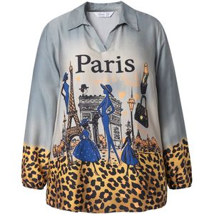 MIAMODA - Dames - Tuniekblouse A-lijn Paris-print leo-randen lange mouw - Off-white - Maat 42