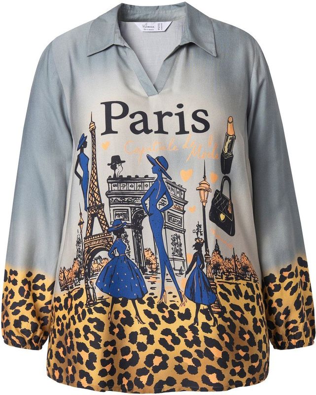 MIAMODA - Dames - Tuniekblouse A-lijn Paris-print leo-randen lange mouw - Off-white - Maat 42