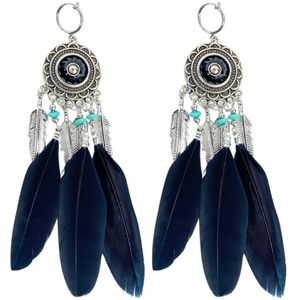 Klem -oorbellen -zwart -turquoise -veren- geen gaatje- 12 cm-Charme Bijoux