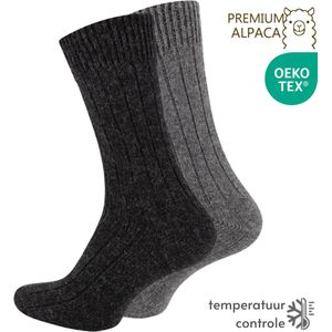 Warme Wollen sokken met Alpacawol - Set van 2- Zwart & Grijs - Maat 35-38 - Wintersokken dames, Wandelsokken, Huissokken