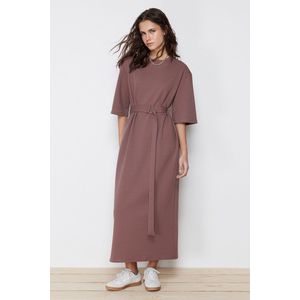 Trendyol Bruine Gebreide Jurk Met Riem En Halve Mouwen Tctss24Eb00108