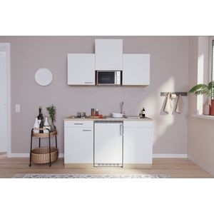Goedkope keuken 150  cm - complete kleine keuken met apparatuur Luis - Eiken/Wit - elektrische kookplaat  - koelkast  - magnetron - mini keuken - compacte keuken - keukenblok met apparatuur