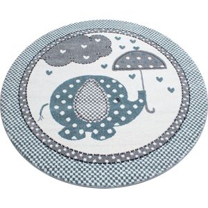 Pochon - Tapijt Kids - Blauw - 160x160x1,1 - Vloerkleed - Olifant - Hoogpolige Vloerkleed - Vloerkleed voor Kinderkamer - Speelkleed - Ronde Vloerkleed - Ronde Tapijt