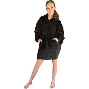 Hoodie deken kind - Fleece kinder poncho - plaid met mouwen en capuchon voor kinderen - oversized hoodie kind - fleece deken met mouwen – hoodie plaid voor kinderen - hoodie blanket - zacht & warm - zwart - 134 t/m 164 - Badrock