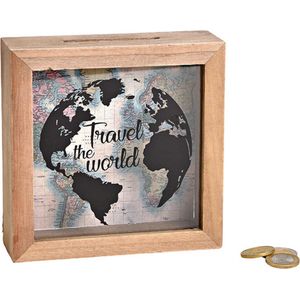 spaarpot met wereldkaart "" travel the world "" . 15x5cm. Hout /glas