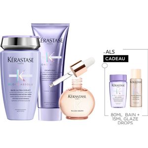 Kérastase Blond Absolu & Gloss Absolu Trio + 2 Cadeau's - Shampoo 250ml, Conditioner 250ml & Glaze Drops Anti-Frizz Haarolie 45ml + Shampoo 80ml & Haarolie 15ml Cadeau – Verzorging voor ontkleurd/gehighlight blond, pluizig haar