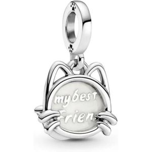 Fler® | Bedel | Past op populaire bedel armbanden (standaard-3mm) | armbandbedel | My Pet Cat | My Best Bestfriend | Kat | Hangbedel Charm | 925 Sterling Zilver | Emaille | Wit | Armband Kraal | Kerstcadeau | Sinterklaas Cadeau | Valentijn kado