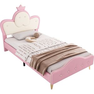 Merax Kinderbed 90x200 cm met LED Lichtstrip - Kunstleer Bed met Kronenhoofd - Eenpersoonsbed in Roze met Wit