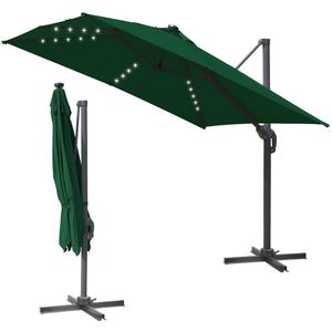 Vrijdragende parasol voor tuinterras, hangende banaanparasol, zonnescherm met UV 50+ bescherming, 360° rotatie, verstelbare kanteling, zwengel voor openen en sluiten, met LED,Groen