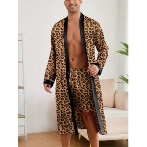ochtendjas badjas luipaard pyjama satijn heren nachtkleding goedkoop huispak comfort mannen glans elastisch lange mouwen korte broek