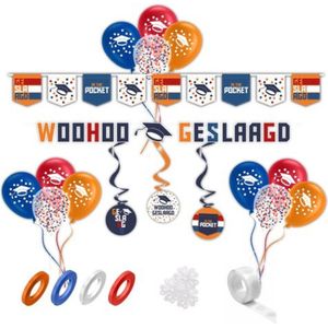 Geslaagd Versiering - Geslaagd Feestpakket 23 items - Confetti Ballonnen Geslaagd - Geslaagd Slinger & Hangdecoratie - Geslaagd Vlag