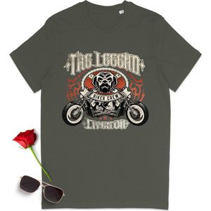 T Shirt Heren en Dames - Motor Biker - Groen (Khaki) - Maat L