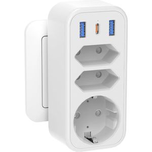 6-in-1 Multi-Socket Adapter met USB-C en USB-A Poorten - Perfect voor Thuis en Op Reis