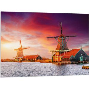 Vlag - Nederlandse Windmolens aan het Water onder Paars met Oranje Lucht - 100x75 cm Foto op Polyester Vlag