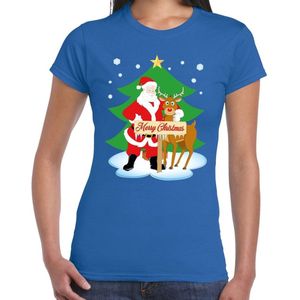 Foute Kerst t-shirt met de kerstman en rendier Rudolf blauw voor dames S