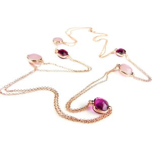 Zilveren halsketting, collier, halssnoer roos goud verguld model New Trend gezet met roze stenen