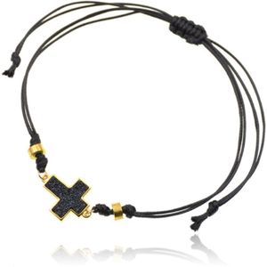 Enkelband van zwart touw met goudkleurige kralen en kruis