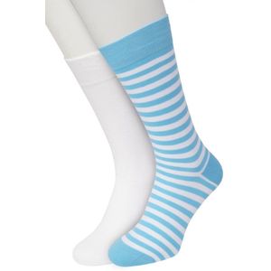 Bonnie Doon Sokken Set Gestreept en Effen voor Heren Blauw/Wit maat 40/46 - Set met 2 paar Sokken - Strepen - Katoenen Sok - Gladde Naden - Brede Boord - Perfecte Pasvorm - 2-pack - Multipack - Aqua - White - Aquarius - OL0121012.503
