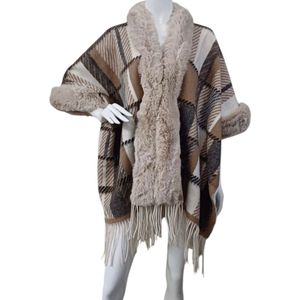 Dames warme Poncho geblokt met Imitatiebont Onesize Beige