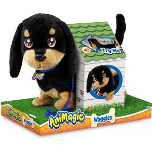 Animagic Waggles Knuffel Hond - Zwart - Interactieve Knuffel - Wandel en communiceer met Waggles