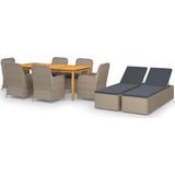 The Living Store Tuinset - Acaciahouten eettafel - PE-rattan stoelen en ligbedden - 200x90x74 cm - Bruin - Donkergrijs