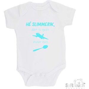 100% katoenen Romper ""He slimmerik, dat is geen vliegtuig maar een lepel"" Unisex Katoen Wit/aquablauw Maat 56/62