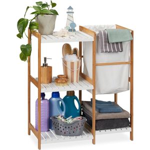 Relaxdays badkamerrek met wasmand - badkamerkast bamboe - waszak - bamboerek - wit