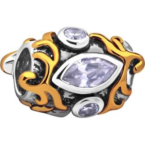 Quiges - 925 - Zilveren - Bedels -Sterling zilver - Beads - 14 Karaat Verguld Patroon met Zirkonia Kraal Charm - Geschikt – voor - alle bekende merken - Armband Z395