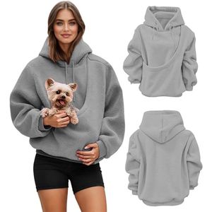 Hoodie met huisdierenzak – Oversized fleece sweatshirt – Voorvak voor kleine katten en puppy’s – Met capuchon en trekkoord – Grijs – Maat L