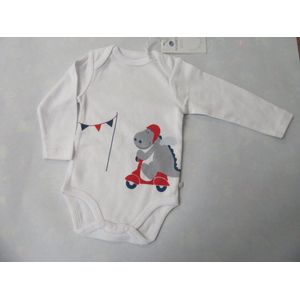 Noukie's - romper - body met lange mouw - Wit - Dino op scooter - 12maand 80