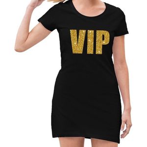 VIP tekst jurkje met gouden glitter letters voor dames - Zwart jersey jurkje 44