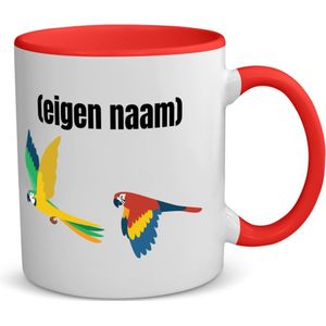 Akyol - 2 vliegende papegaaien koffiemok - theemok - rood - Papegaai - papegaai liefhebbers - mok met eigen naam - papegaai spullen - gepersonaliseerd - 350 ML inhoud