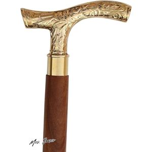 Mrs. Jones Bruin Ebbenhout Messing T Vorm Handvat 94 cm Natuurlijk Hout Unisex Riet - Mannen en Vrouwen Wandelstok .
