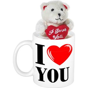 Valentijn cadeau I Love You beker / mok 300 ml met beige knuffelbeertje met love hartje - Valentijn cadeautje vrouw en man